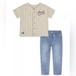 Levi's Beige Striped Baseball Shirt and Blue Jeans Set 2T Kids